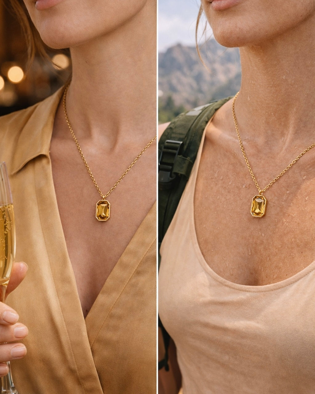 The Sol Pendant a minimalist champagne gem on a gold chain on a model