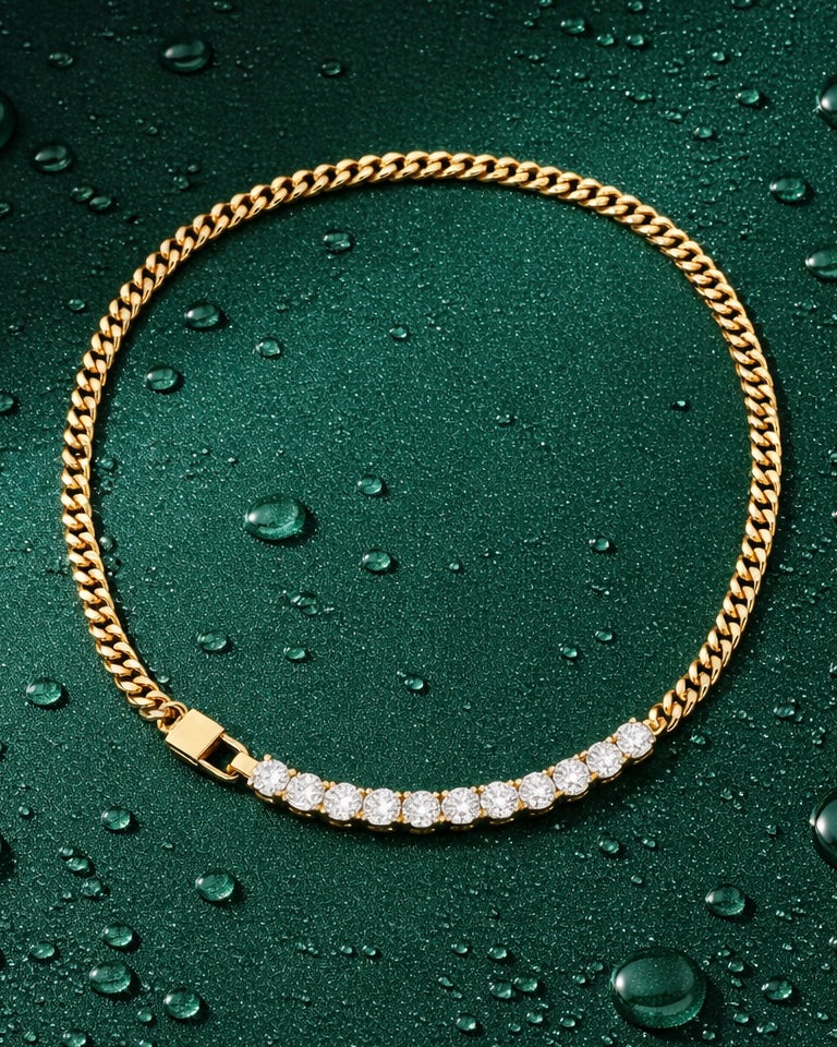The Icon chain a small gold cuban chain with diamond like accent stones on a flat lay Jade green background