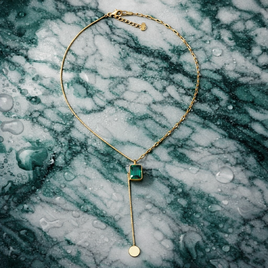 The Allure Pendant a gold chain necklace with a green gem on a deep jade green marble background
